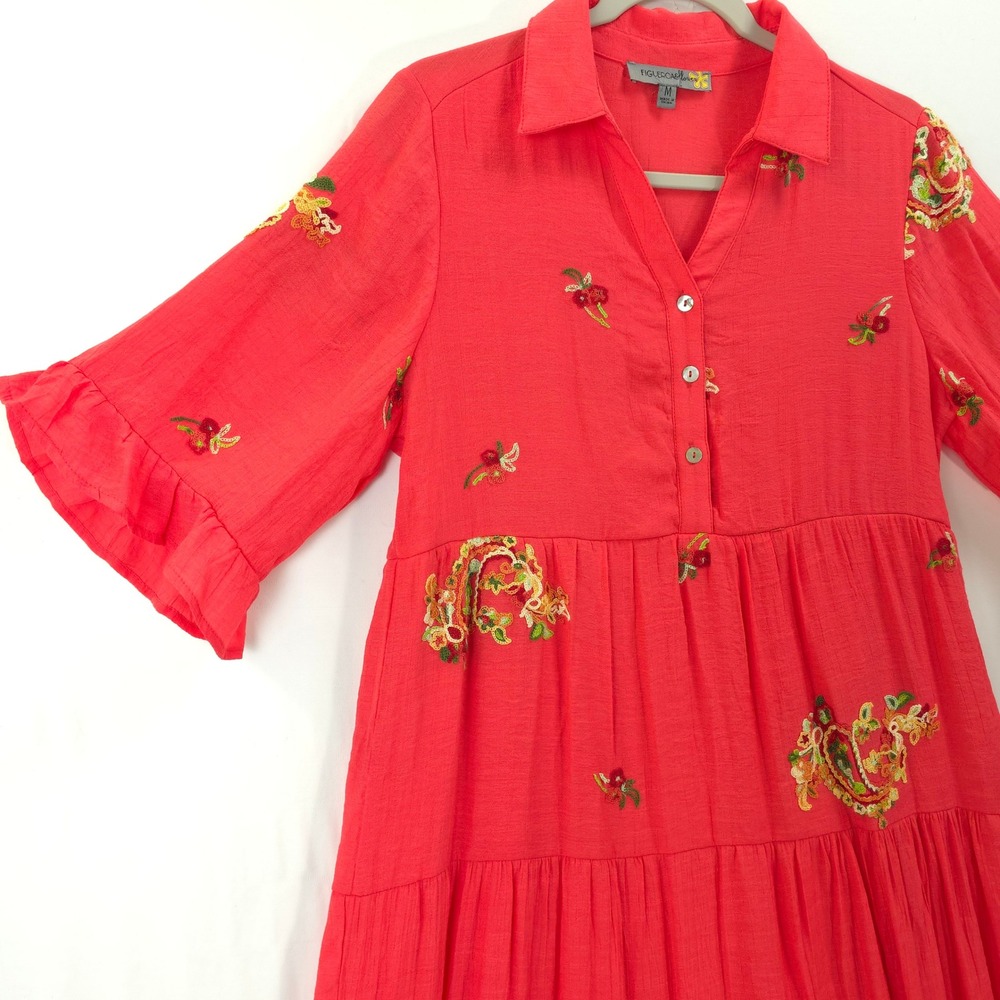 Anthropologie Figueroa & Flower Embroidered Dress Coral Pink Tiered M Boho - Picture 9 of 14